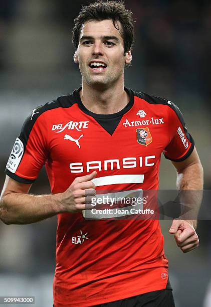 Yoann Gourcuff of Rennes celebrates the winning goal of his team during the French Ligue 1 match between Stade Rennais FC and SCO Angers at Roazhon...