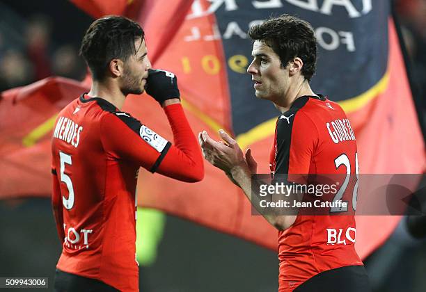 Pedro Mendes and Yoann Gourcuff of Rennes celebrate the victory following the French Ligue 1 match between Stade Rennais FC and SCO Angers at Roazhon...
