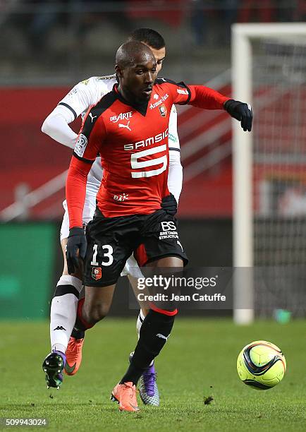 Giovanni Sio of Rennes in action during the French Ligue 1 match between Stade Rennais FC and SCO Angers at Roazhon Park stadium on February 12, 2016...