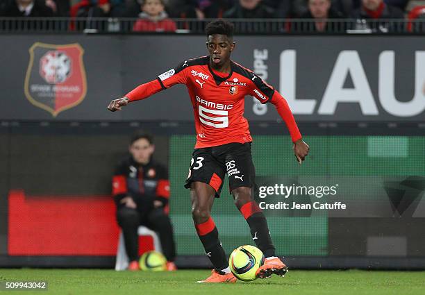 Ousmane Dembele of Rennes in action during the French Ligue 1 match between Stade Rennais FC and SCO Angers at Roazhon Park stadium on February 12,...