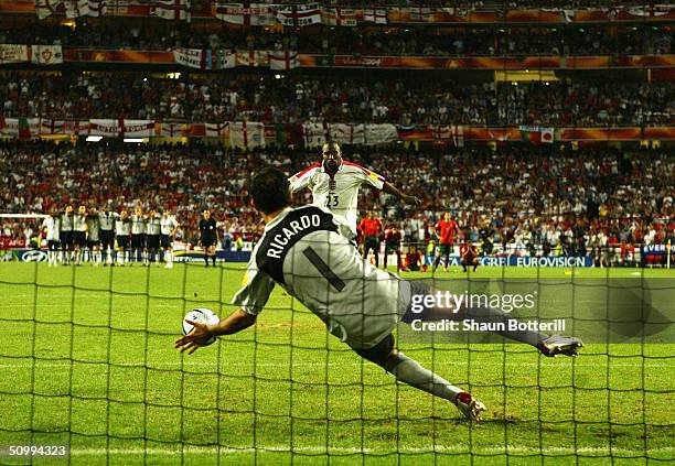 Darius Vassell of England has his penalty saved by goalkeeper Ricardo of Portugal during the UEFA Euro 2004 Quarter Final match between Portugal and...