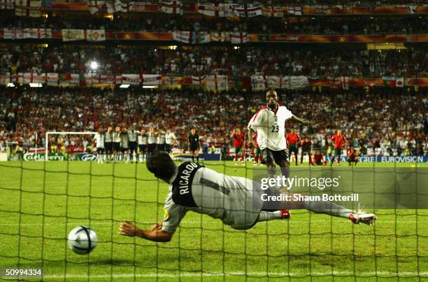 Darius Vassell of England has his penalty saved by goalkeeper Ricardo of Portugal during the UEFA Euro 2004 Quarter Final match between Portugal and...