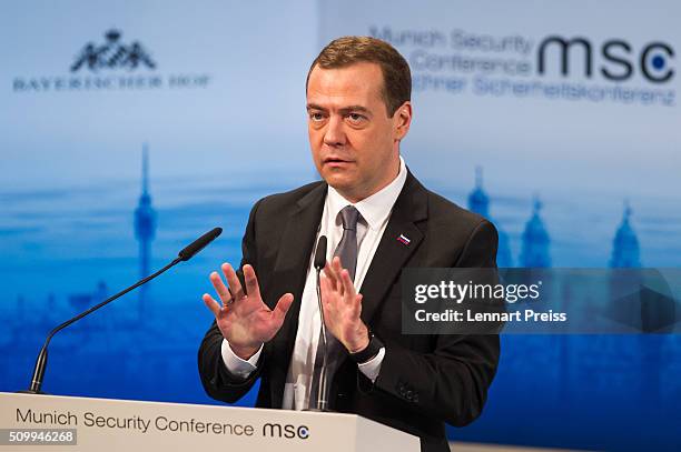 Russian Prime Minister Dmitry Medvedev speaks at the 2016 Munich Security Conference at the Bayerischer Hof hotel on February 13, 2016 in Munich,...