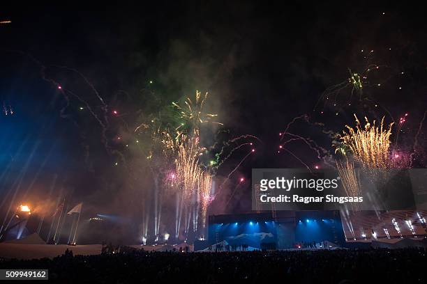 Fireworks light up the stadium as the Olympic Cauldron burns during the Opening Ceremony of the Lillehammer 2016 Winter Youth Olympic Games at the...