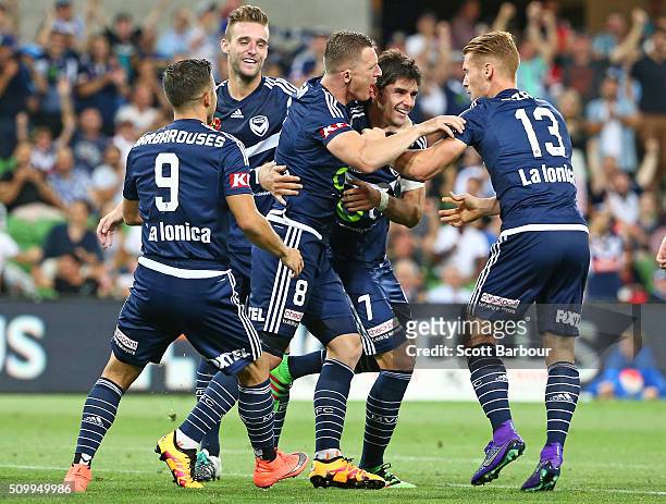 Gui Finkler of the Victory celebrates after scoring his sides second goal during the round 19 A-League match between Melbourne City FC and Melbourne...