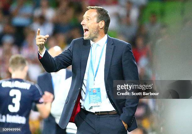 John van 't Schip, coach of City FC gestures during the round 19 A-League match between Melbourne City FC and Melbourne Victory at AAMI Park on...