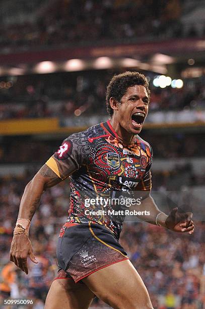 Dane Gagai of the Indigenous All Stars celebrates scoring a try during the NRL match between the Indigenous All-Stars and the World All-Stars at...