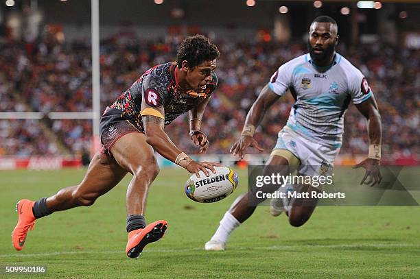 Dane Gagai of the Indigenous All Stars scores a try during the NRL match between the Indigenous All-Stars and the World All-Stars at Suncorp Stadium...