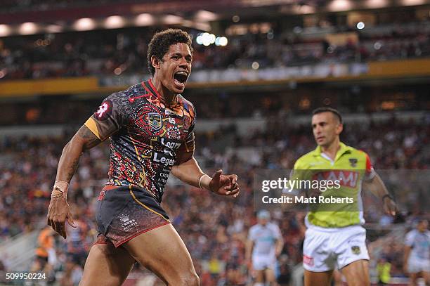 Dane Gagai of the Indigenous All Stars celebrates scoring a try during the NRL match between the Indigenous All-Stars and the World All-Stars at...