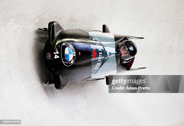 Chris Spring and Lascelles Brown of Canada complete their first run in the Men's 2-man Bobsleigh during Day 2 of the IBSF World Championships for Bob...