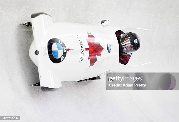 Nick Poloniato and Joshua Kirkpatrick of Canada complete their first run in the Men's 2-man Bobsleigh during Day 2 of the IBSF World Championships...