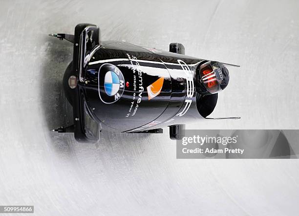 Bradley Hall and Ben Simons of Great Britain complete their first run in the Men's 2-man Bobsleigh during Day 2 of the IBSF World Championships for...