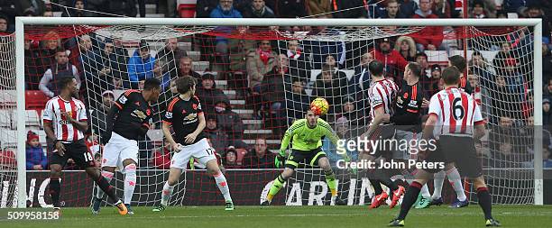 Wahbi Khazri of Sunderland scores their first goal during the Barclays Premier League match between Sunderland and Manchester United at Stadium of...