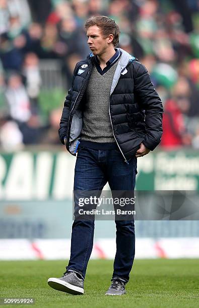 Head coach Julian Nagelsmann of Hoffenheim is seen prior to the Bundesliga match between Werder Bremen and 1899 Hoffenheim at Weserstadion on...