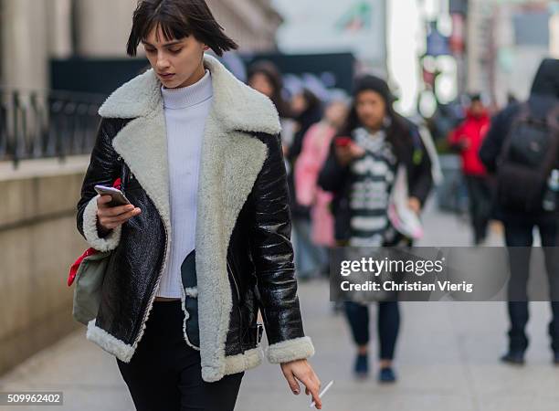 Fashion model seen outside Desigual during New York Fashion Week: Women's Fall/Winter 2016 on February 11, 2016 in New York City.