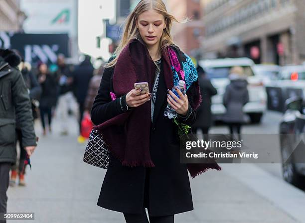 Fashion model seen outside Desigual during New York Fashion Week: Women's Fall/Winter 2016 on February 11, 2016 in New York City.