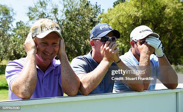 Andrew Curlewis, Brandon Stone and Merrick Bremner of South Africa pretend to be the three wise monkeys during the third round of the Tshwane Open at...