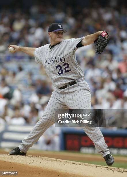 Pitcher Jason Jennings of the Colorado Rockies delivers against the New York Yankees during the interleague game at Yankee Stadium on June 10, 2004...
