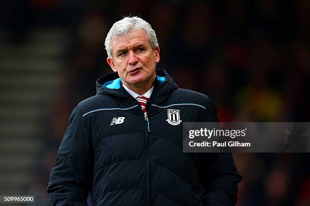 Mark Hughes manager of Stoke City looks on during the Barclays Premier League match between A.F.C. Bournemouth and Stoke City at Vitality Stadium on...