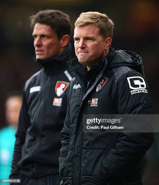 Eddie Howe Manager of Bournemouth and assistant manager Jason Tindall look on during the Barclays Premier League match between A.F.C. Bournemouth and...