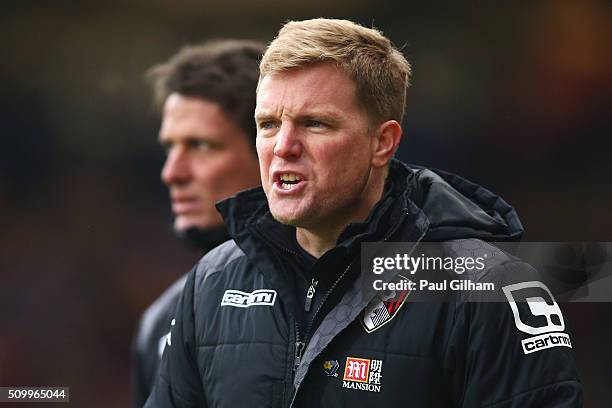 Eddie Howe Manager of Bournemouth and assistant manager Jason Tindall look on during the Barclays Premier League match between A.F.C. Bournemouth and...