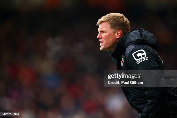 Eddie Howe Manager of Bournemouth looks on during the Barclays Premier League match between A.F.C. Bournemouth and Stoke City at Vitality Stadium on...