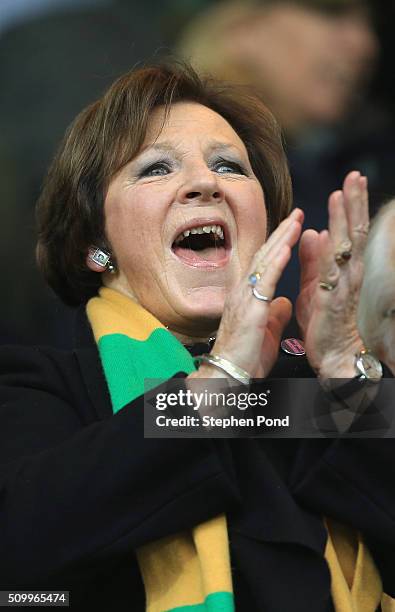 Norwich City joint majority shareholder Delia Smith cheers on the stand prior to the Barclays Premier League match between Norwich City and West Ham...