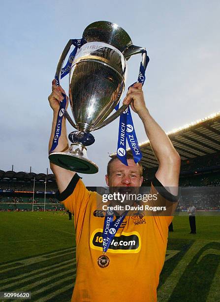 Paul Volley of Wasps celebrates with the trophy after the Zurich Premiership Final between Bath and London Wasps at Twickenham on May 29, 2004 in...