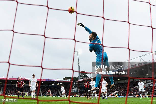 Jack Butland of Stoke City makes a save during the Barclays Premier League match between A.F.C. Bournemouth and Stoke City at Vitality Stadium on...