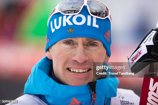 Maxim Vylegzhanin of Russia after race and victory Cross Country Men 10.0 km Classic on February 13, 2016 in Falun, Sweden.