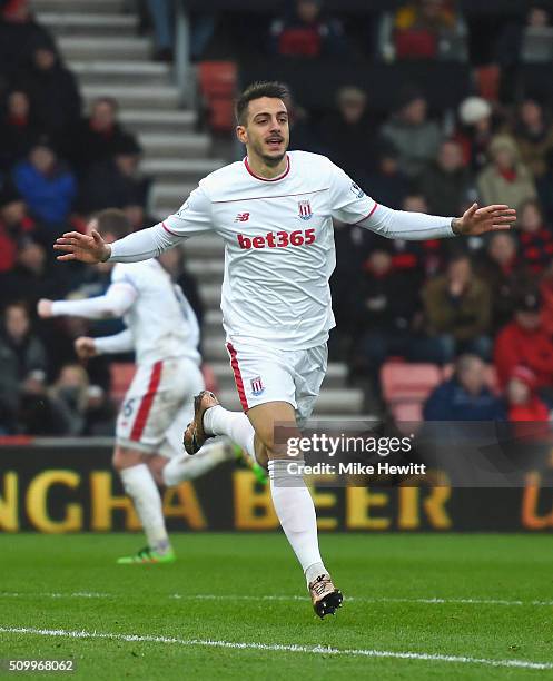 Joselu of Stoke City celebrates scoring his team's third goal during the Barclays Premier League match between A.F.C. Bournemouth and Stoke City at...