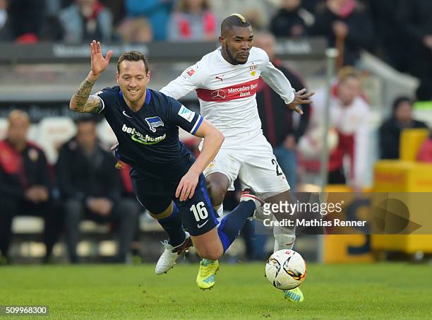 Julian Schieber of Hertha BSC and Serey Die of VfB Stuttgart during the game between VfB Stuttgart and Hertha BSC on February 13, 2016 in Stuttgart,...