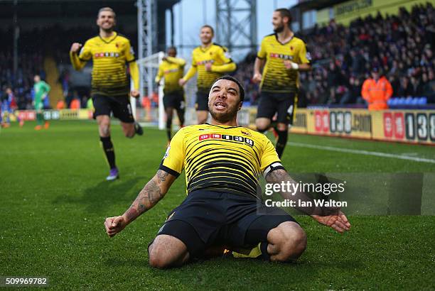 Troy Deeney of Watford celebrates scoring his team's second goal during the Barclays Premier League match between Crystal Palace and Watford at...