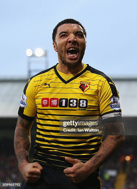 Troy Deeney of Watford celebrates scoring his team's second goal during the Barclays Premier League match between Crystal Palace and Watford at...