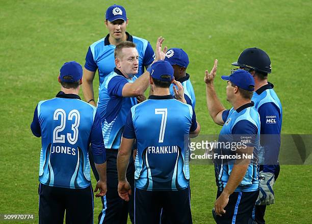 Scott Styris and Heath Streak of Leo Lions celebrate the wicket of Richard Levi of Gemini during the Final match of the Oxigen Masters Champions...
