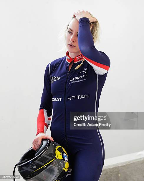 Mica McNeill of Great Britain is dejected after her fourth run with Natalie Deratt in the Women's Bobsleigh during Day 2 of the IBSF World...