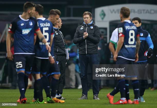 Head coach Julian Nagelsmann of Hoffenheim is seen after the Bundesliga match between Werder Bremen and 1899 Hoffenheim at Weserstadion on February...