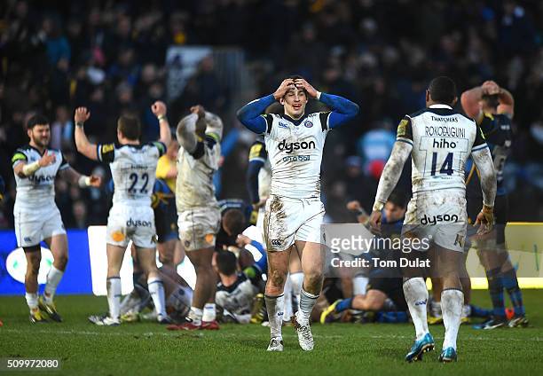 Max Clark of Bath Rugby celebrates winning the match during the Aviva Premiership match between Worcester Warriors and Bath Rugby at Sixways Stadium...