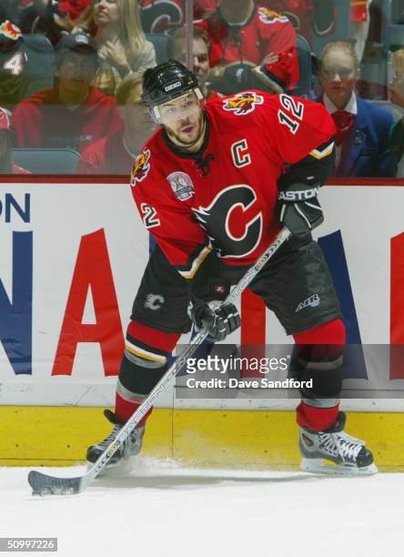 Jarome Iginla of the Calgary Flames looks to make a pass against the Tampa Bay Lightning in Game Four of the NHL Stanley Cup Finals on May 31, 2004...