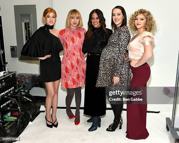 Katherine McNamara, Zoe Kazan, Jill Stuart, Jena Malone and Willow Shields backstage at the Jill Stuart fashion show during Fall 2016 New York...