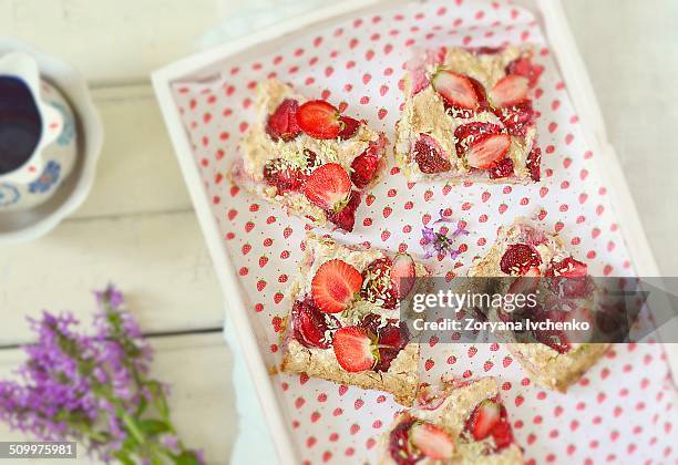 tart with strawberry and coconut shaving - coconut shaving stock pictures, royalty-free photos & images