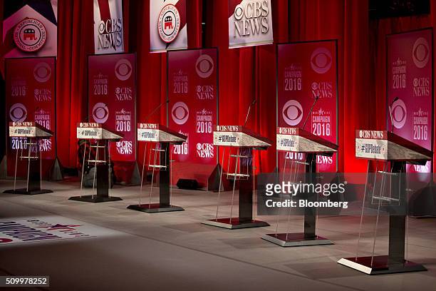 Podiums stand on stage during a media walk-through of the Republican presidential candidate debate sponsored by CBS News and the Republican National...
