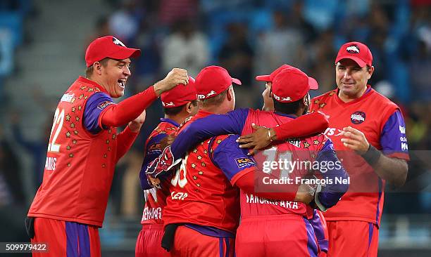 Richard Levi of Gemini Arabians celebrates the wicket of James Franklin of Leo Lions with his team-mates during the Final match of the Oxigen Masters...