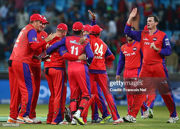 Richard Levi of Gemini Arabians celebrates the wicket of James Franklin of Leo Lions with his team-mates during the Final match of the Oxigen Masters...