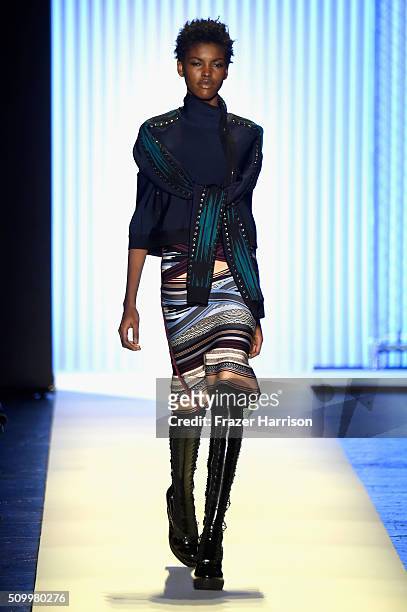 Model walks the runway wearing Herve Leger By Max Azria Fall 2016 during New York Fashion Week: The Shows at The Arc, Skylight at Moynihan Station on...