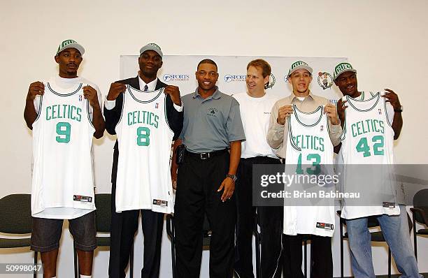 Draft Picks Justin Reed, Al Jefferson, coach Doc Rivers, Danny Ainge, Delonte West, and Tony Allen during the Boston Celtics draft pick press...