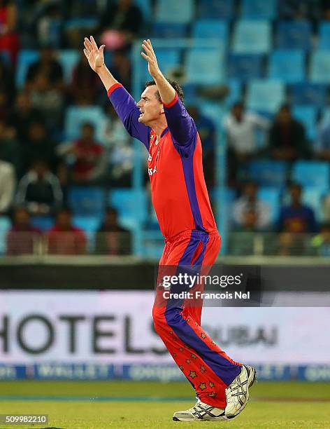 Kyle Mills of Gemini Arabians appeals unsuccessfully during the Final match of the Oxigen Masters Champions League between Gemini Arabians and Leo...