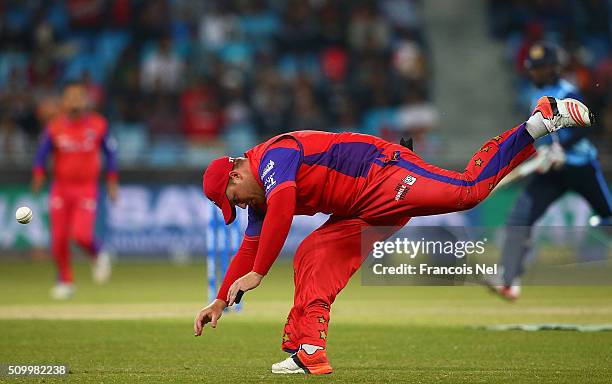 Richard Levi of Gemini Arabians misfields the ball during the Final match of the Oxigen Masters Champions League between Gemini Arabians and Leo...