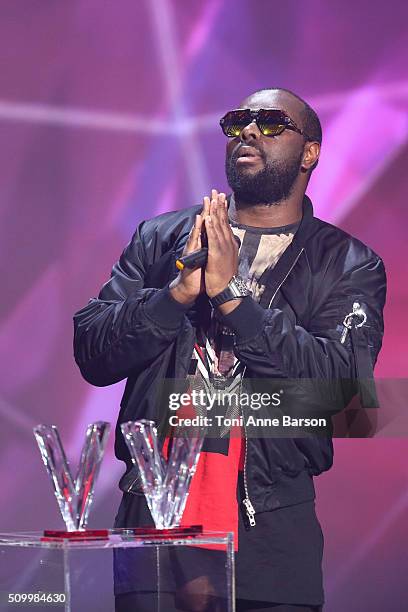 Gandhi Djuna AKA Maitre Gims receives an Award during "Les Victoires De La Musique" at Le Zenith on February 12, 2016 in Paris, France.