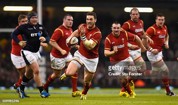 Wales wing George North makes a break for his try during the RBS Six Nations match between Wales and Scotland at Principality Stadium on February 13,...